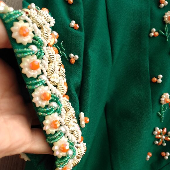 Vintage 60s Dress "Fashion Centre" Green Beaded Daisy 32"B 29"W - Picture 4 of 16